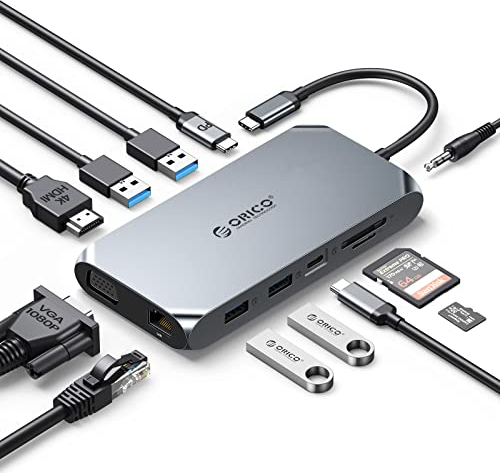 USB HUB Docking Station, ORICO 12 in 1 Adattatore USB C, con 4 K HDMI, 100 W Power Delivery, 1 Gbps Ethernet, 4 porte dati USB 3.0, lettore di schede SD e microSD, 1080P VGA, audio 3,5 mm
