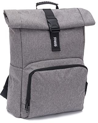 Fillikid Wickelrucksack Tokio im Rolltopstil inkl. Wickelunterlage, variabler Stauraum, Thermofach & Befestigungshaken - Grau Melange