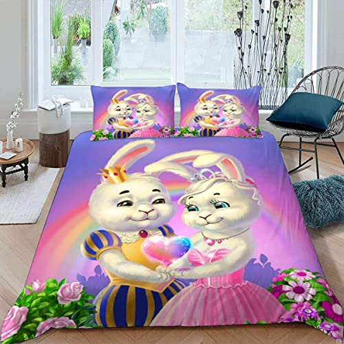 VASENA Bettwäsche Hase Bettwäsche 135x200 Kinder Süße Prinzessin Bettbezug Set Weich Microfaser Kinderbettwäsche 3 Teilig Mit ReißVerschluss Mit 2 Kissenbezug 80x80 cm