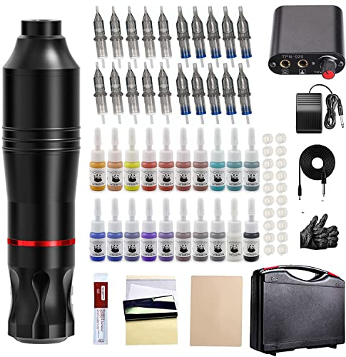 Komplettes Tattoo Maschine Set, 20 Farben Tattoo Tinte, Anfänger-Rotations-Tattoo-Set, 20 Tattoo Nadeln, Tattoostift-Set mit Tragetasche, Tattoo Zubehör