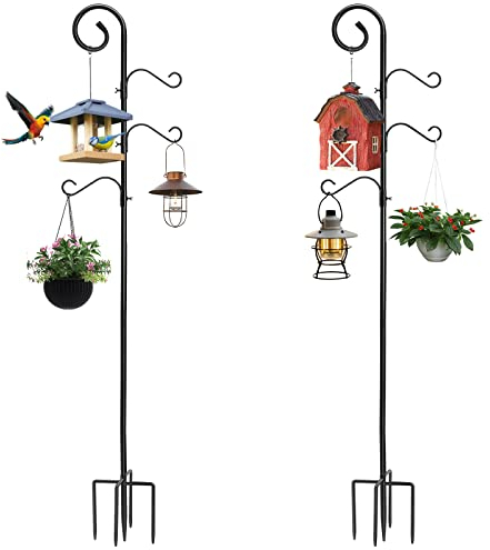 LOENIY 274 cm Schäferhaken für den Außenbereich, 2 Stück, Vogelfutterstangen mit 4 Haken, Gartenstange zum Aufhängen von Pflanzkörben, Hochzeitsdekoration (274 cm)