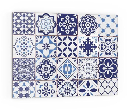 DEQORI Küchenrückwand Glas | Motiv Azulejo Wandkacheln | 80x60 cm | Bad- oder Herd-Rückwand | Herdblende Spritzschutz für Küche & Badezimmer | moderne Deko für Fliesenspiegel