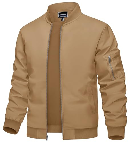 TACVASEN Blouson Herren Bomberjacke Leichte Übergangsjacke mit Reißverschluss Freizeitjacke für Sommer Herbst Bequem und Praktisch Khaki 3XL