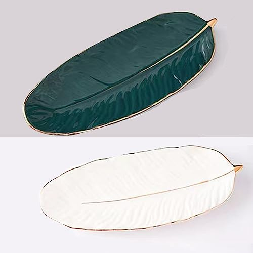 Generisch 2PC Keramik Blatt Shaped Dish Tablett, Vergoldete Keramik Serviertablett, Snack Teller, Servierplatte, weiße Feder geformte Platte Snack Storage Tablett (Ein Grün und A Weiß)
