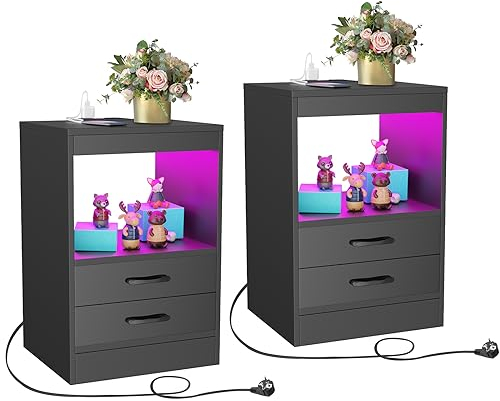 PIPIPOXER 2er Set Nachttisch mit Steckdose & USB, Nachttisch Schwarz Nachtschrank Hochglanz Nachtkommode 2 Schubladen mit Led 16 Farben Beleuchtung Beistelltisch für Schlafzimmer, 40x60x35cm