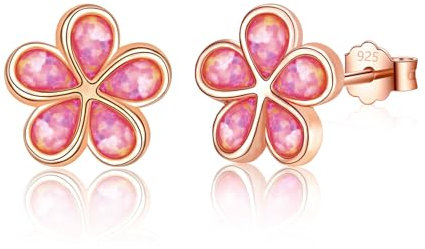 Sterling Silver Stud Earrings for Women Grils, Rose Gold Pink Opal Flower Stud Earrings Hypoallergenic Jewelry Gifts for Birthday Wedding, 10mm