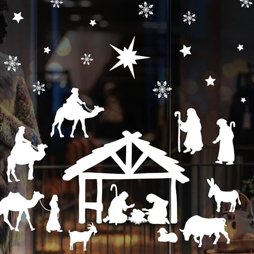 Fensterbild Weihnachten Winter weiße Krippe, Fensteraufkleber, Weihnachtsdekoration wiederverwendbar, 3. A2 Bogen