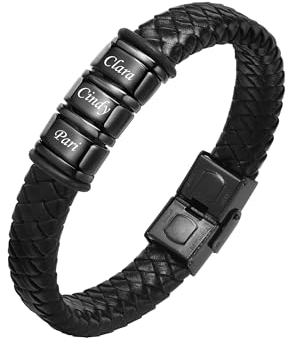 VNOX Herren Armband mit Gravur,Schwarz Lederarmband Herren Handgefertigt Geflochten,Personalisierte Armbänder für Herren,Weihnachtsgeschenke Geschenke für Männer Papa Freund Bruder(01#Black 3)