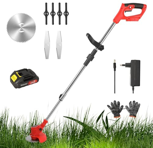 Debroussailleuse Electrique sans Fil, 21V Coupe Bordure, avec 1 Batterie et Chargeur Taille Bordure, avec 3 Types de Lames pour la Coupe de Jardin Pelouses et Terres Agricoles (A)