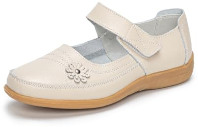 Rusffes Womens Leather Mary Jane Shoes | Ladies Wide Fit Flat Shoes, Flower, Summer, Lightweight, Touch Fasten Walking Casual Sandals, Work Office Nurse Shoes