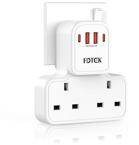 Plug Extension Socket with 4 USB (Included 2 USB-C), FDTEK 13A 3250W Double Plug Adaptor with Surge Protected, Compact UK Plug Extender Multi Plug Socket for Home, Office, School Supplies