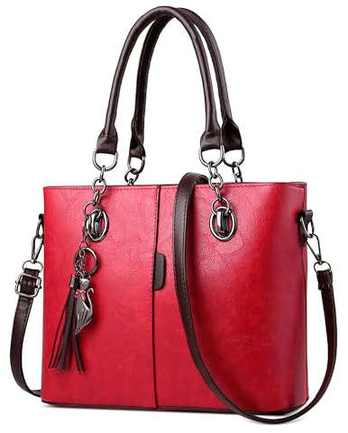 DORRISO Elegant Damen Schultertasche Mode Handtasche Kuriertaschen mit Einzigartigem Anhänger Umhängetasche für Reise Einkaufen Arbeit Urlaub Business Damen PU Leder Henkeltasche Rot