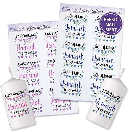 FEENSTAUB Kerzentattoos Einschulung, personalisierte Deko Schuleinführung, Einschulungsfeier Deko selber machen, Tischdeko Einschulung, Kerzenaufkleber, 1.Schultag, DIY Deko zum Schulanfang, Wimpel