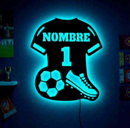 Cartel neón-led camiseta de futbol, nombre y número personalizado para decorar habitación Grande 45x35cm - Letrero para colgar en la pared personalizable con nombre futbolista