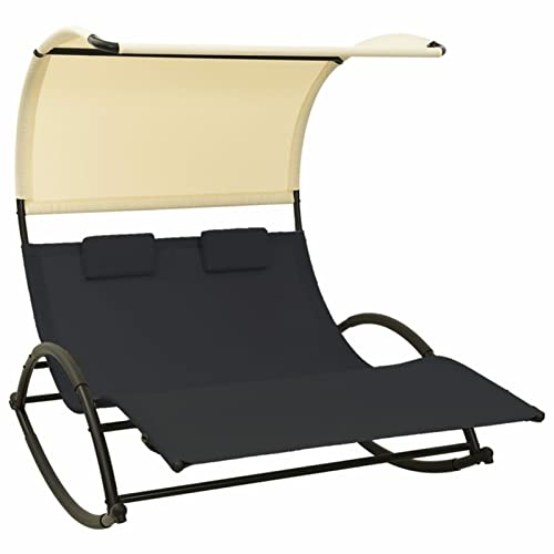 Chaduof Doppel-Sonnenliege mit Sonnendach, Gartenliege, Liegestuhl, Sonnenstuhl, Sonneninsel Outdoor, Liegen, Gartenmöbel, Bäderliege, Relaxliege, Textilene Schwarz und Creme
