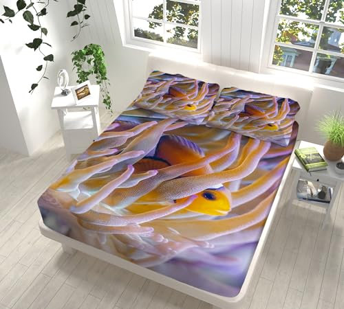 Spannbettlaken Bunte Fische Bettlaken,Mikrofaser Betttuch Bett Laken Bezug, Bed Fitted Sheet Bedsheet,Spannbetttuch, Für Bis 30Cm Matraze180X200Cm
