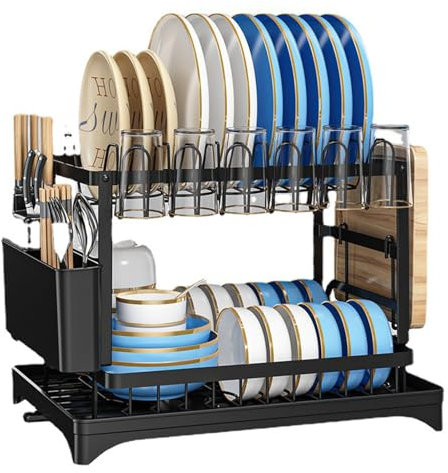 Sunicon Geschirr-Trockengestell, 2 Etagen, großes Geschirr-Trockengestell für Arbeitsplatte, Aluminium, multifunktionales Abtropfgestell mit Abtropffläche und Utensilienhalter