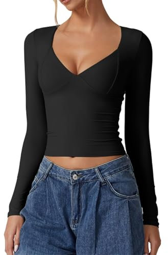 Womens V Neck Crop Top Y2k Long Sleeve Slim Fit T-Shirt Classic Solid Color Shirt Coqutte Going Out Tops (A-Black, S)