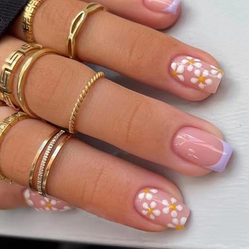 Generic French Tip Stick on Nails, 24PCS Elegant Fake Nails, Short Square Press on Nails, Glue on Nails, Nail Art Design Sweet Fake Nails Kit for Women Daily Use (Flower)