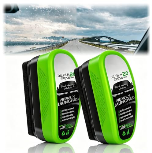 Car Glass Cleaner 2PCS, Automotive Oil Film Cleaning Brush, 150ml Car Glass Oil Film Cleaner & New 2.0 Green Car Glass Oil Film Remover - Car Window Cleaner, for Easily Improve Clarity and Visibility