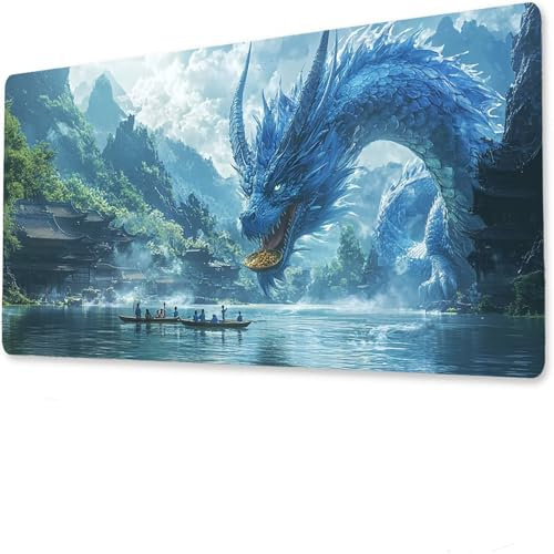 Gaming Mauspad XXL, Mousepad 600x300x4mm, Drachenschreibtisch unterlage groß, Mit Nähten, rutschfeste Gummibasis, Wasserdicht und langlebig Tastatur unterlage Anlage, Geeignet für Familien T-9