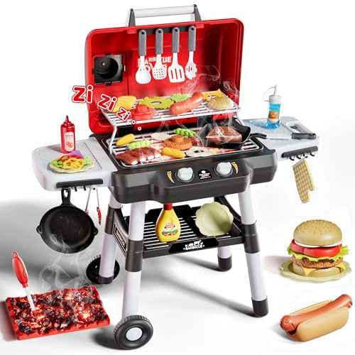 Kids Play Kitchen Toys, Kids BBQ Grill Playset，2-Tier Barbecue Toy with Wheels, Smoke Sound Light, Outdoor Play Food Toys Cooking Set, Birthday Gift for Toddlers 3-5