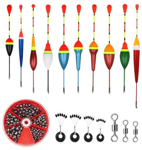 GETRICH 205 Stück Bleischrot Angeln, 10 Stück Angelposen Set, 3 Stück Wirbel Angeln Angelzubehör 4 Stück Gummistopper Angeln, Posen Angeln für Verschiedene Fischgrößen in Seen oder Teichen