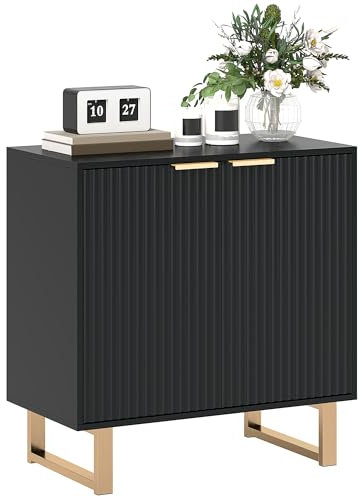 HOMCOM Buffet Salon Meuble de Rangement Style Moderne avec étagère réglable, Placard à 2 Portes cannelées, Pieds en métal, Buffet Salle à Manger, Salon et Cuisine, 76,5 x 39 x 77 cm, Noir