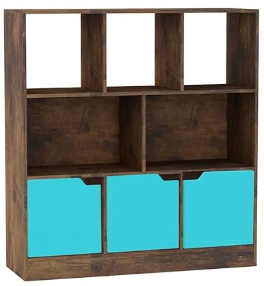 URBNLIVING Rustic Brown 8 Cube Asymmetrical Bookcase – Freestanding Storage Unit with 3 Doors - Basic Doors - Blue