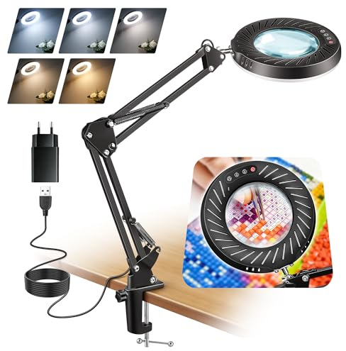 Morotty 12X Lupe mit Licht für Bastelarbeiten Reparaturen,Hobbys,Lesen | Lupenlampe mit Klemme,5 Farbmodi,9 Helligkeitsstufen,Dimmbar Tischlupe mit Licht und Ständer,Nahaufnahmen