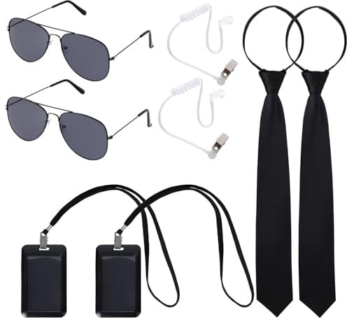 Vxcvzv 8 Stück Agent Kostüm Zubehör, Security Kostüm Accessoires mit Sonnenbrille Krawatte ID Karte, Spion Kostüm Zubehör für Männer Frauen Karneval Halloween Theaterauftritte