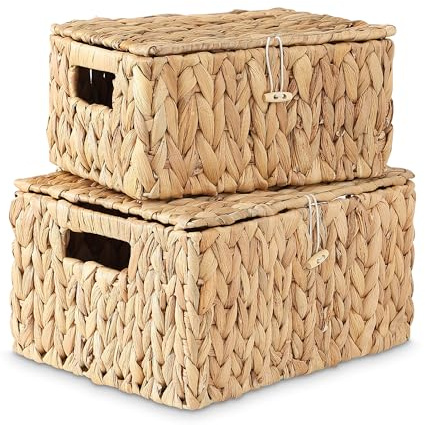 MOOKOMI set of 2 wicker basket with lid - water hyacinth storage baskets, woven basket with lid for organizing, rectangular wicker storage basket with handles
