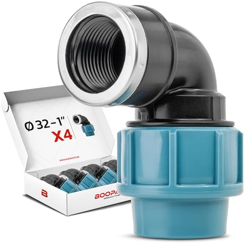 BOOPARTS – Gomito Femmina a Compressione PP Ø32 mm x 1 per Tubo PE | Raccordo per Irrigazione e Giardino | Set da 4 Pezzi