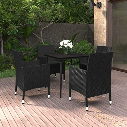 JHQHSM 5-TLG. Garten-Essgruppe mit Auflagen aus Poly Rattan und Glas, robuste Stahlrahmen und pflegeleichtes PE-Geflecht, wetterfeste Polsterauflagen für Terrasse