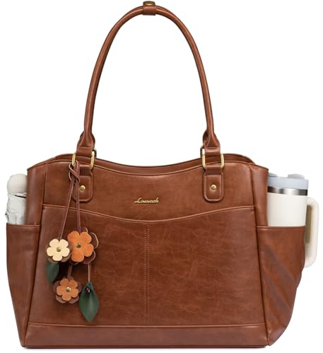 LOVEVOOK Laptoptasche Damen, Arbeitstasche Shopper Tasche Handtasche Groß | 15,6/17,3 Zoll Elegant Lehrertasche Tote Bag PU Leder Schultasche, Laptop Taschen mit Blumen Anhänger für Business Uni Schule