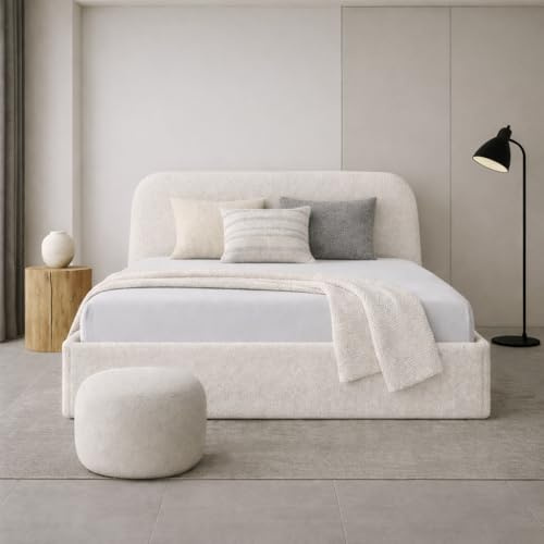 Sofello Designerbett Mori – cremefarbener weicher Samt, Stabiler Metallrahmen, inkl. Bettkasten (140x200)