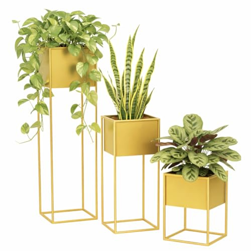 Anwicar Soporte para flores de metal dorado Set 3 (altura 40, 70 y 100 cm) – Soporte para plantas – Decoración moderna para salón – Taburete para flores – Escalera para flores – Estantería para flores