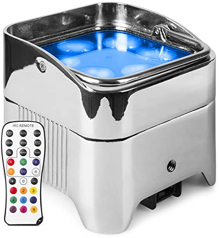 BeamZ BBP96SC - Akku LED Strahler DMX Uplight, 6x12 Watt Effektstrahler, RGB LED Spot, Bühnenbeleuchtung, Lichteffekte, Fernbedienung, Disco Licht, Partylicht Musikgesteuert, Ambiente Strahler, Chrom