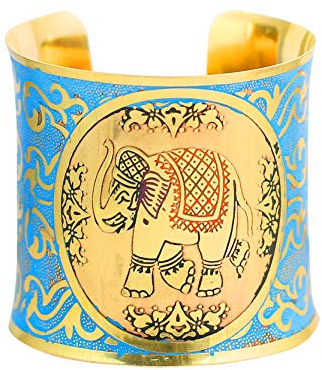 Touchstone Indian Bollywood Desire Brass Base Beautifully Rich Indian Ethnic Elephant Motif Fabulous Meenakari Enamel Thick Wrist Enhancer Designer Jewelry Cuff Bracelet In Gold Tone for Women.