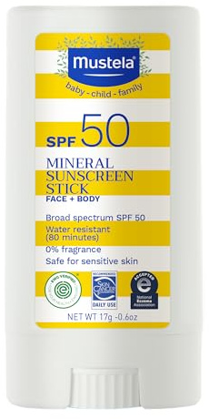 Mustela Baby Mineral Sunscreen Stick SPF 50 Broad Spectrum - Face & Body Sun Stick with 70% Organic Ingredients - Ultra Sheer, Water Resistant & Fragrance-Free - 0.6 oz.