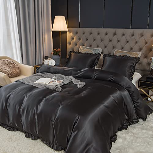 Sedefen Satin Bettwäsche Set 135x200cm mit Rüschen Schwarz Glatt Glänzend Luxus Seide Bettwäsche Set Kühlender Uni Sommer Bettbezug mit Reißverschluss und Kissenbezug 80x80cm