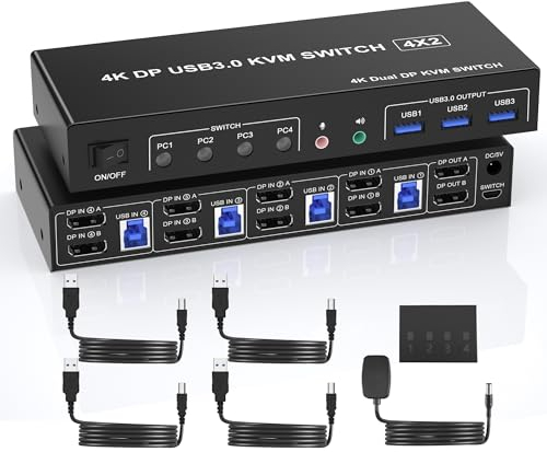 USB 3.0 KVM Switch 4PC 2 Monitore Displayport 4K 60Hz, 4 Port Dual Monitor DP Switch Mit Audio-Mikrofon-Ausgang und 3 USB 3.0-Anschlüssen für 4 PCs