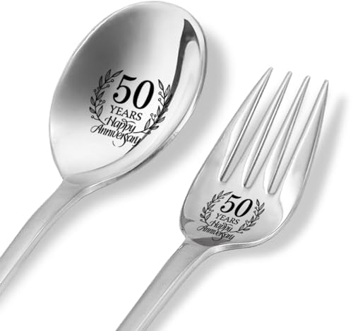 XQLZY Löffel und Gabel zum 50 Jahre Happy Anniversary mit Geschenkbox, Happy 50th Anniversary Löffel-Set, Geschenke für Paare, 50. Geschenke für Ehemann, Ehefrau, Vater, Mutter, Großeltern