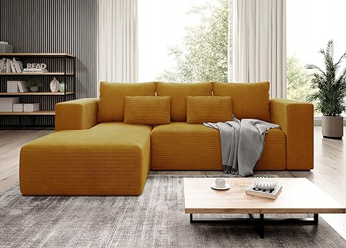 Easy4You Ecksofa Senf Stripes L Kord L-Form – 255x73x161 cm - Schlafsofa mit Bettkasten und Schlaffunktion - Eckcouch mit Stauraum – Stoff Kord POSO 01