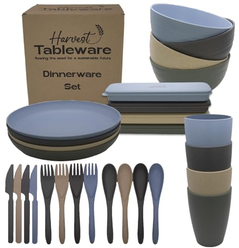 Juego de vajilla resistente para camping con platos, cuencos, tazas, cubiertos (28 piezas) – Juego de platos ligeros aptos para lavavajillas y microondas, perfecto para picnic, caravana, niños (4