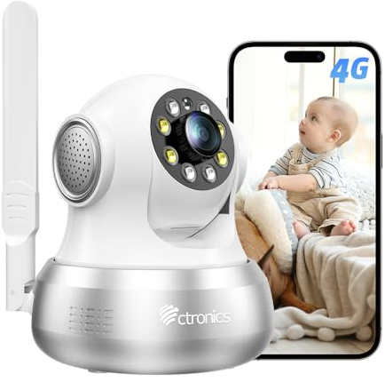 Ctronics 3G/4G LTE Cámara de Vigilancia Interior con Tarjeta SIM, 360° PTZ IP Cámara de Seguridad Inalámbrica, Detección Humano, Seguimiento Automático, Visión Nocturna en Color, Audio Bidireccional