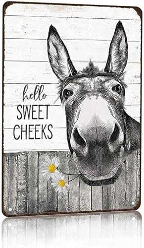 Vintage Donkey Hold Sunflowers Hello Sweet Cheeks Lustiges Blechschild Retro Metallschild für Zuhause, Bauernhof, Toilette, Toilette, Waschraum, Wanddekoration, Geschenk, 20,3 x 30,5 cm