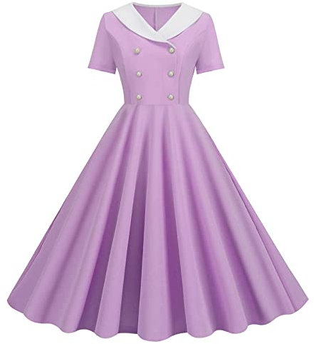 Vente Flash Du Jour Et Soldes,Robe De Soirée Longue Robe Medievale Femme Robe De Cérémonie Pour Femme Ronde Vintage Fine Et Fine à Pois Imprimé Col en V Double Boutonnage Robe De Bal(violet,L)