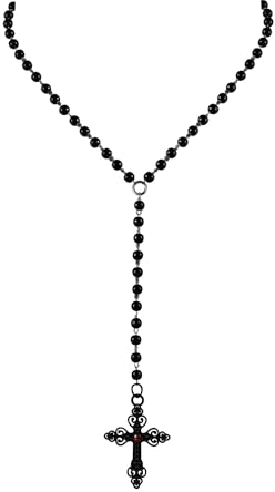 JJDreams Gothic Kreuz Halskette Lange Schwarze Perlenkette Rosenkranz Necklace Choker für Frauen