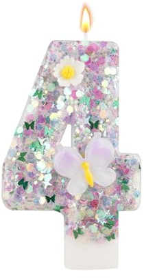 Bolosa Geburtstagskerzen, Kerzen Geburtstag, Kerze 4 Geburtstag, Kerzen Geburtstag Zahl Rosa 4 mit Schmetterling und Blumen, Geburtstag für Kinder, Erwachsene,Jubiläum,Geburtstagsfeier